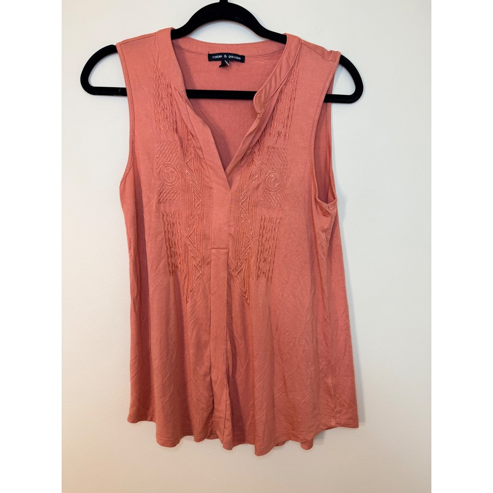 Cable & Gauge Coral Embroidered Split Neck Sleeveless Tank Top Small